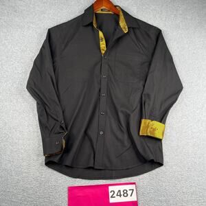 HISDERN Shirt Small Black Casual Gold Flip Cuff Button Up Long Sleeve Mens